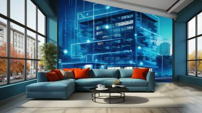 A modern office building in blue tones with a laptop, a digital tablet.Generative AI Wall mural