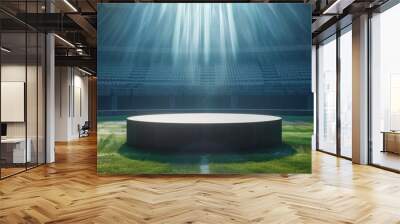 A podium with empty seats and a flash of light in the middle of a stadium, perfect for showing your product. Wall mural