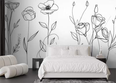 A set of one line drawing roses clip art. Hand drawn single line flowers with abstract background shapes. Wall mural