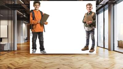 A smiling little boy wearing a school backpack and holding a book is shown on a transparent background Wall mural