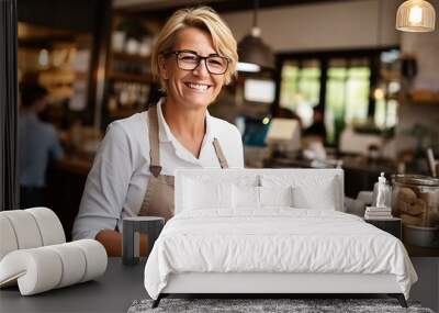 A successful female cafe owner uses a smartphone in her cafe. Wall mural