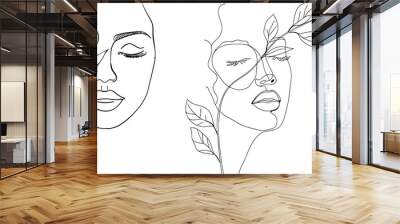 A woman's face with leaves. A continuous line drawing. Wall mural