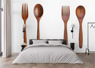 A wooden spoon and fork is isolated on a white background, with full depth of field Wall mural