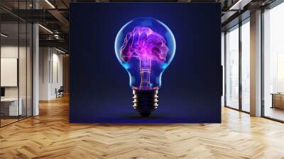 Abstract blue glowing light bulb with violet brains inside.Low-poly style. Abstract neon frame style. Generative AI Wall mural