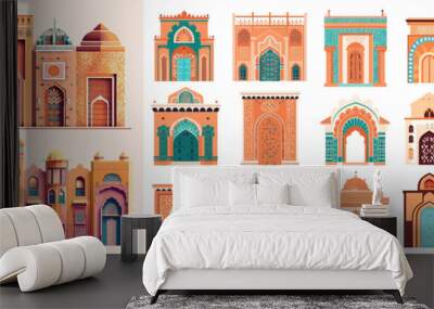 Abstract Morocco architecture set. Simple geometric staircases and eastern arches, moroccan style simple contemporary cards, trendy boho doors and windows. Generative AI Wall mural