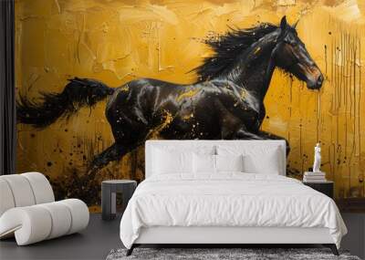 Abstract oil painting with gold, horses, a fence, wall art, modern art, paint spots, brush strokes, knife drawing. Large stroke oil painting, mural, art wall........... Wall mural