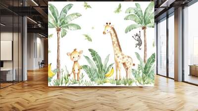 African animals and natural elements in watercolor. Giraffe, monkeys, zebras, palm trees, flowers. Sporting wild animals. Illustration for nursery walls. Wall mural