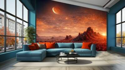 Alien planet landscape with orange earth, mountains, stars in the sky 3d illustration Wall mural