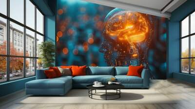 An abstract concept of human head in the form of a light bulb, with the brain inside. AAI technology, artificial mind, brain cognition, digital innovation, Artificial intelligence, Cyber Robot, Wall mural