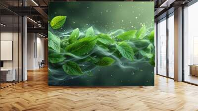 An abstract illustration of flying mint leaves and air vortices with green leaves and sparkles on a transparent background. Wall mural