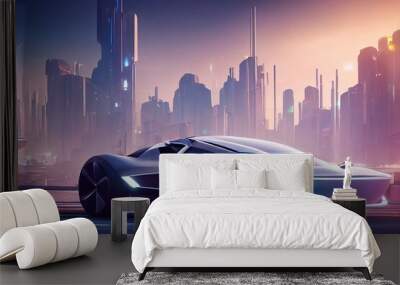 An electric sports car stands in the background of the city. 3D rendering Wall mural