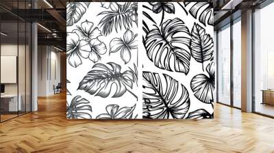 An illustration of a hand-drawn pattern of tropical leaves. Sketch of black palm branch, monstera leaf and exotic forest plants leaf. Flora foliage rainforest, wildlife forest seamless background. Wall mural