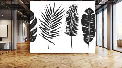 An illustration of a set of monochrome jungle exotic leaves, comprising Philodendron, Palm leaves, Areca palm leaves, Royal fern, and banana leaves isolated on a white background. Wall mural