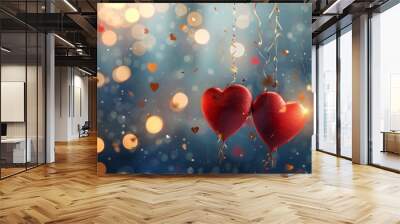 An illustration of two red hearts with bright light decorative garlands and golden confetti for Valentine's Day.  illustration. Background, banner, web poster. Wall mural