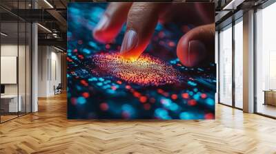 An image of a virtual holographic fingerprint recognition system. Using generative stock to enhance digital security. Wall mural