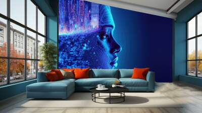 Artificial intelligence looking at smart city, connected with planet through global mobile internet on phone Futuristic modern 3d illustration Wall mural