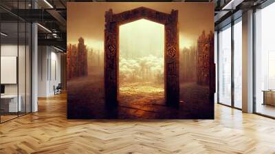 Between the two walls of the wooden fence is a portal. 3D rendering Wall mural