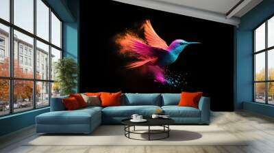 Birds. Dispersion, splatter effect on black background. Wall mural