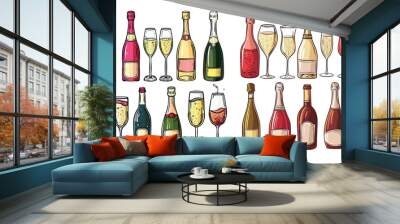 Bottles of white and red sparkling wine and holiday and wedding glasses doodled with vintage wine and  bottles Wall mural