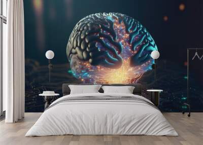 Brain. Digital brain. 3D Science and Technology concept. Cpu. Circuit board. Abstract technology background. AI Wall mural