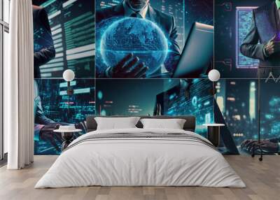 Business man using computer hand close up futuristic cyber space. AI Wall mural