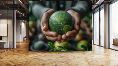 Businessman holding a green ball with an LCA icon. Environmental impact assessment related to the business value chain. Wall mural