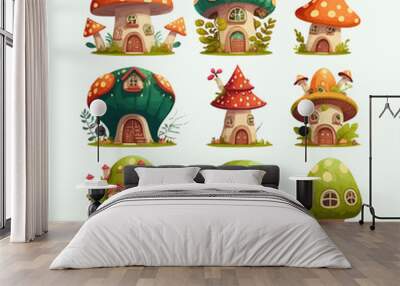 Cartoon forest fairytale mushroom gnomes or houses. Isolated on background. Cartoon flat vector illustration Wall mural