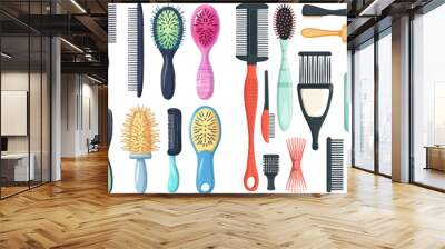 Cartoon hairbrushes and professional comb for hair styling Wall mural