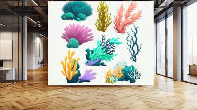 Cartoon ocean plants. Anemones, corals and seaweed, marine kelp, Isolated on a white background. Vector illustration Wall mural