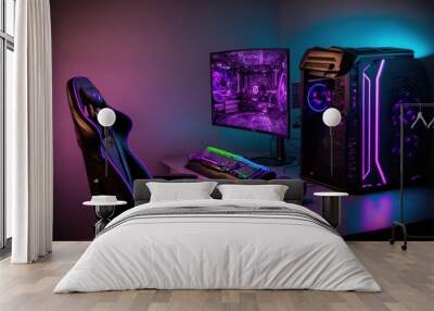 Computer gaming pc on gaming table in dark room with neon purple lights and gaming chair, AI Wall mural