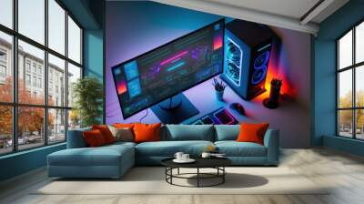 Computer gaming pc on gaming table in dark room with neon purple lights and gaming chair, AI Wall mural