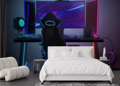 Computer gaming pc on gaming table in dark room with neon purple lights and gaming chair 3d illustration Wall mural