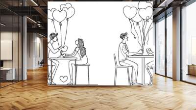 Couple giving valentine's day gift to each other using continuous line drawing. Man giving love balloon for girlfriend in one line style. Wall mural