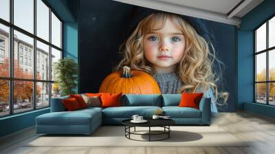 Cute kid and pumpkin, Halloween costume portrait Wall mural