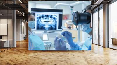 Dentist working with patient, using VR computer for filling out charts, scheduling treatment with AI technology to innovate dentistry. Wall mural