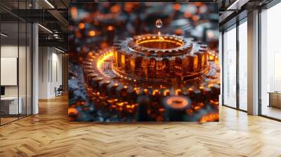 Detailed 3D illustration of a cog gear with drops of oil falling. Low poly style design. Geometric background. Wireframe light connection structure. Modern 3D graphic.  illustration. Wall mural