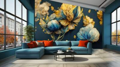 Elegant golden and blue flowers and branches on light background. Vintage floral decor for postcard. Fantastic plant 3d illustration Wall mural