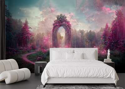 Elegant portal in floral arch in pink fairy tale forest Wall mural