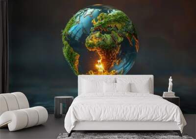 Environmental protection and renewable energy sources. The green world map is on a light bulb representing renewable energy. The green world map is on a light bulb representing renewable energy that Wall mural