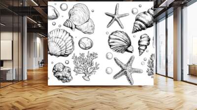 EPS clip art set showing shells, pebbles, corals, starfish, algae and bubbles. Hand drawn underwater world. Wall mural