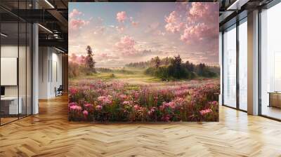 Evening on a blooming green meadow with trees and shrubs under a sky with pink clouds 3d illustration Wall mural