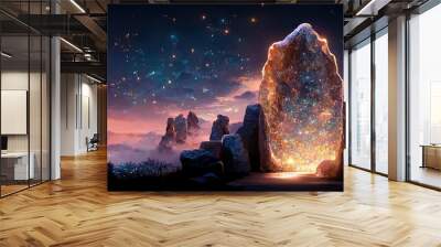 Fantastic crystal portal on alien planet under starry sky Wall mural