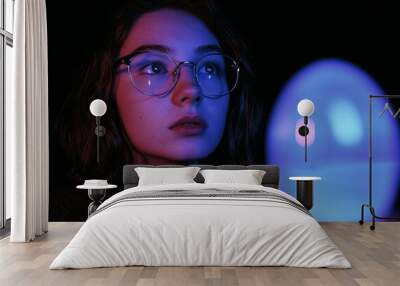 Female portrait lit by HUD interface. Concept of future technology, virtual reality. Wall mural