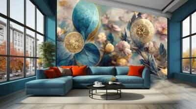 Flowers in the style of watercolor art. Luxurious floral elements, botanical background or wallpaper design, prints and invitations, postcards. Large spring flowers 3D illustration Wall mural