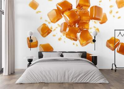 Flying caramel cubes isolated on white background. Wall mural