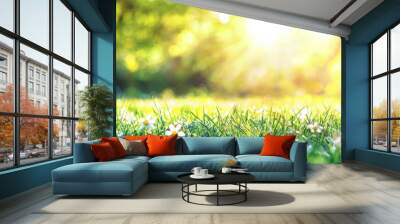 Fresh spring garden background with lush green grass and blurred foliage. Wall mural