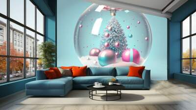 Funny, ultra soft Christmas glass ball isolated on pink background. Pastel colors. Colorful poster and banner. Cartoon minimal air style. 3D illustration Wall mural