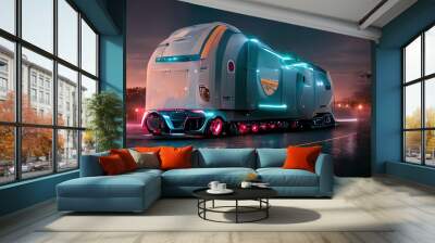 Futuristic truck of the future, driving at night on the road with sensors, scans the road. Wall mural