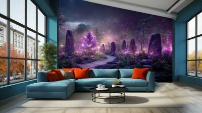 Garden with purple light that illuminates plants, rocks, path and clearing at night Wall mural