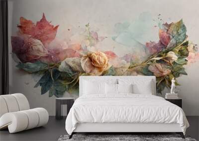 Gentle garland of roses and green leaves drawn by watercolor Wall mural